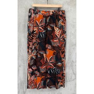 Cynthia Rowley Pants Women XL Orange Tropical Floral 100% Linen Wide Leg Crop